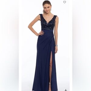 Camille La Vie Deep V Beaded Column Dress with Slit in Navy- New with Tags!